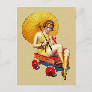 Vintage 1920’s Flapper Lady Umbrella Wagon Bathing Postcard