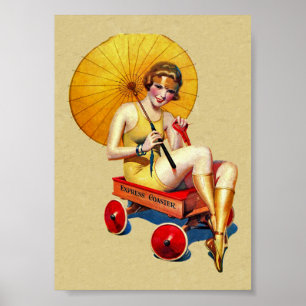 Vintage 1920’s Flapper Lady Umbrella Wagon Bathing Poster