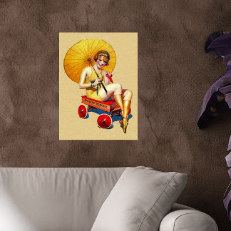 Vintage 1920’s Flapper Lady Umbrella Wagon Bathing Poster