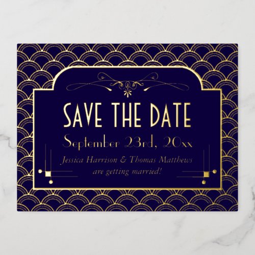 Vintage 1920s Art Deco Gatsby Save The Date Real Foil Invitation Postcard