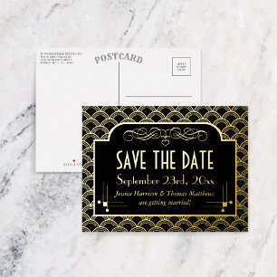Vintage 1920's Art Deco Gatsby Save The Date Real Foil Invitation Postcard