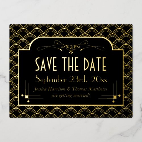 Vintage 1920s Art Deco Gatsby Save The Date Real Foil Invitation Postcard