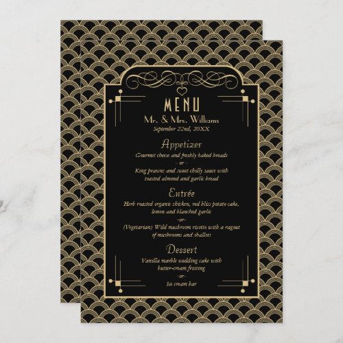 Vintage 1920s Art Deco Gatsby Wedding Collection Menu