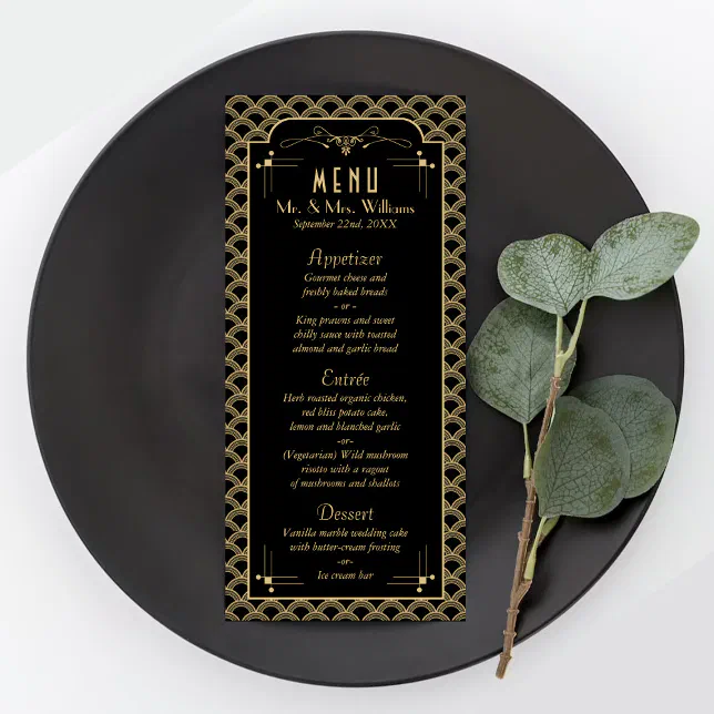 1920s Menu Design Vintage 1920's Art Deco Gatsby Wedding Menu | Zazzle