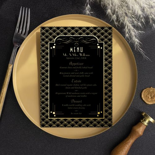 Vintage 1920s Art Deco Gatsby Wedding Menu Foil Invitation