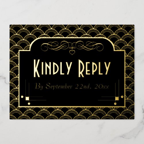Vintage 1920s Art Deco Gatsby Wedding RSVP Real Foil Invitation Postcard