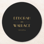 Vintage 1920s art deco simple wedding round paper coaster<br><div class="desc">Travel back to the roaring twenties with this vintage art deco inspired wedding suite. Simple yet classy,  black and gold retro typography,  fully customizable if you wish to change the color of the background or the text. You can also easily remove the background design.</div>