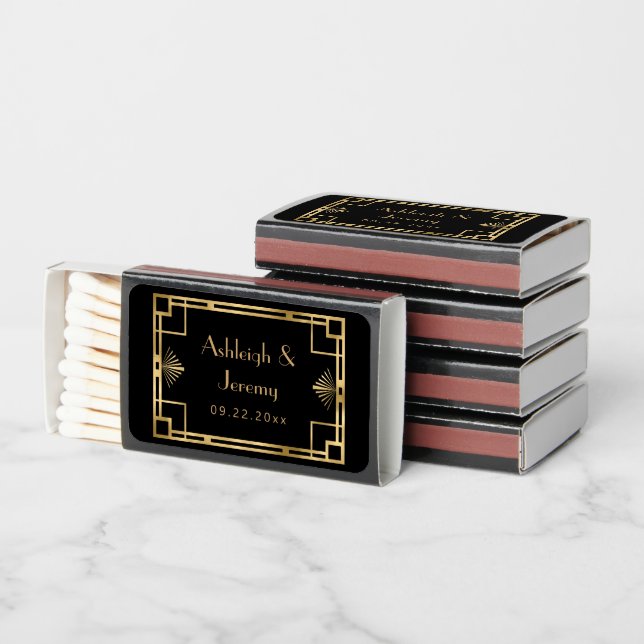 Vintage 1920s Black Gold Deco Frame Wedding Matchboxes (Stacked)