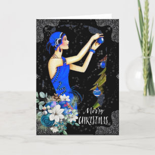 Vintage 1920s Blue Xmas Dress Woman Decorating Holiday Card