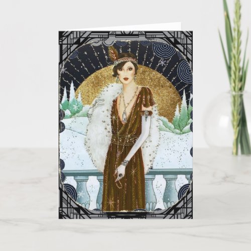 Vintage 1920s Bronze Dress Christmas Flapper Woman Holiday Card
