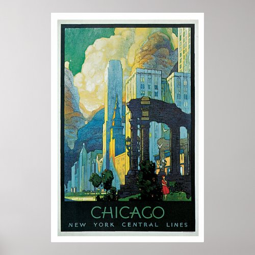 Vintage 1920s Chicago city travel ad Poster
