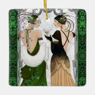 Vintage 1920s Christmas Martini Flapper Ladies Ceramic Ornament