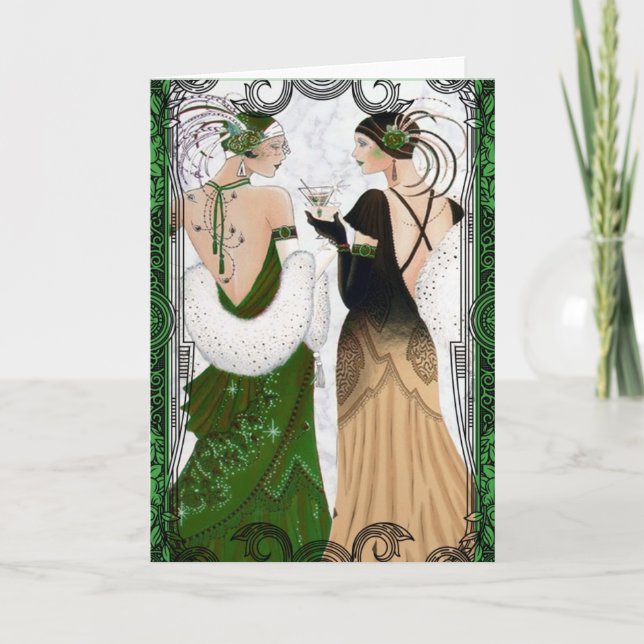 Vintage 1920s Christmas Martini Flapper Ladies Holiday Card (Front)