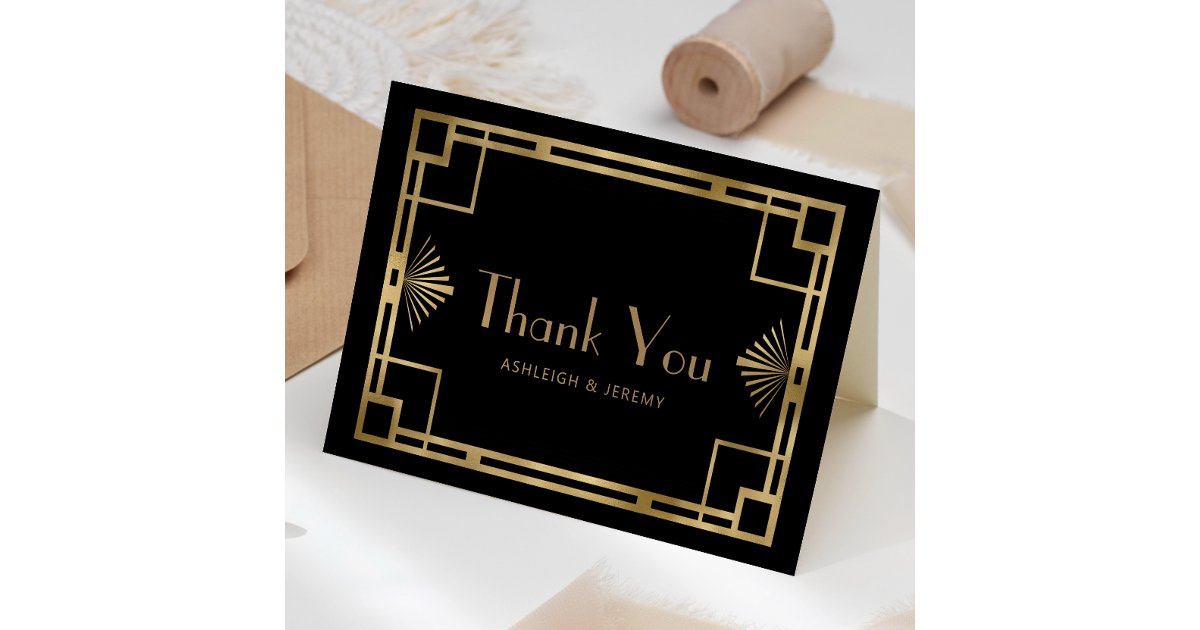 Vintage 1920s Deco Black Gold Wedding Thank You Card | Zazzle