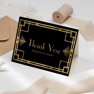Vintage 1920s Deco Black Gold Wedding Thank You Card