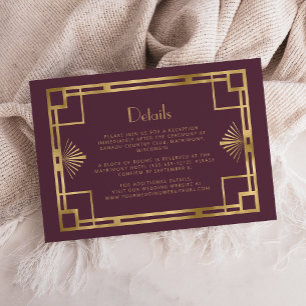 Vintage 1920s Deco Burgundy Gold Wedding Details Enclosure Card