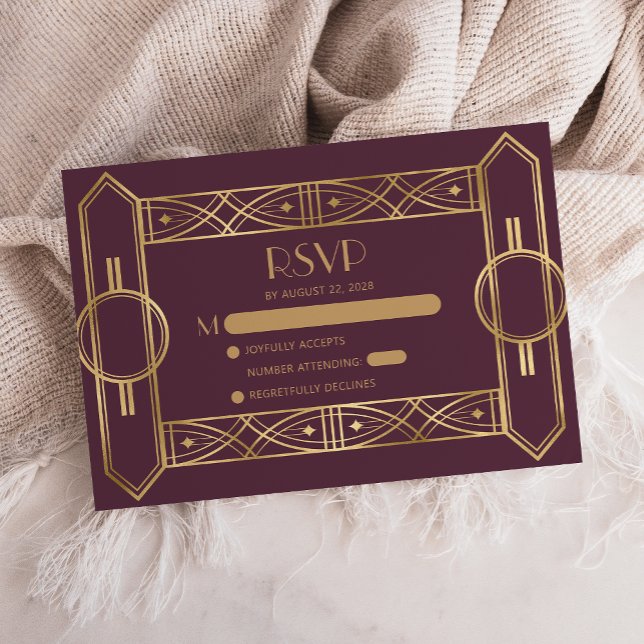 Vintage 1920s Deco Burgundy Gold Wedding RSVP Enclosure Card (Creator Uploaded)