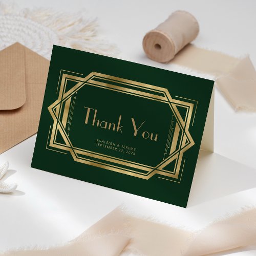 Vintage 1920s Deco Forest Green Wedding Thank You Card