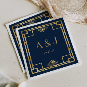 Vintage 1920s Deco Frame Gold Navy Blue Wedding Napkins