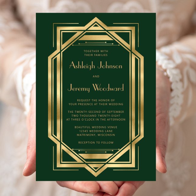 Vintage 1920s Deco Frame Green Gold Wedding Invitation (Creator Uploaded)