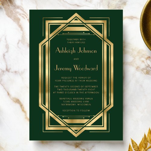 Vintage 1920s Deco Frame Green Gold Wedding Invitation