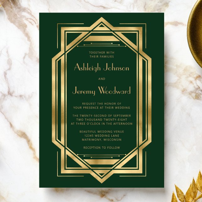 Vintage 1920s Deco Frame Green Gold Wedding Invitation (An ideal choice for a 1920s vintaged themed wedding with a green and gold color palette.)