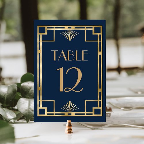 Vintage 1920s Deco Frame Navy Blue Gold Wedding Table Number