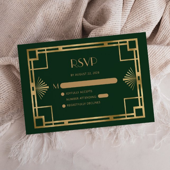 Vintage 1920s Deco Gold Frame Green Wedding RSVP Enclosure Card (Creator Uploaded)