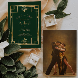 Vintage 1920s Deco Green Gold Photo Wedding Save The Date