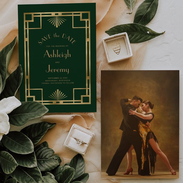 Vintage 1920s Deco Green Gold Photo Wedding Save The Date (Creator Uploaded)