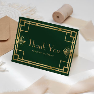 Vintage 1920s Deco Green Gold Wedding Thank You Card