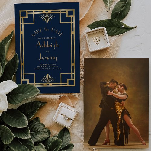 Vintage 1920s Deco Navy Blue Gold Photo Wedding Save The Date