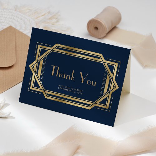 Vintage 1920s Deco Navy Blue Wedding Thank You Card