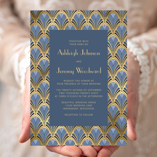 Vintage 1920s Deco Pattern Dusty Blue Gold Wedding Invitation