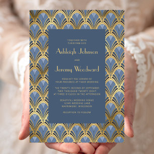 Vintage 1920s Deco Pattern Dusty Blue Gold Wedding Invitation