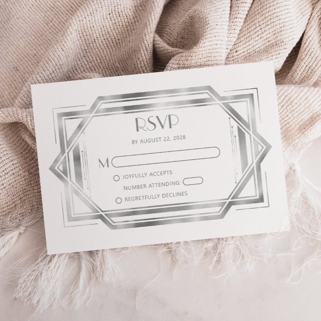 Vintage 1920s Deco White Silver Wedding RSVP Enclosure Card (Creator Uploaded)