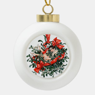 Vintage 1920s Flapper Beneath the Mistletoe Ceramic Ball Christmas Ornament