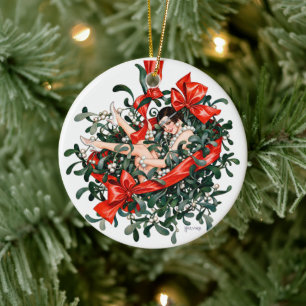 Vintage 1920s Flapper Beneath the Mistletoe Ceramic Ornament
