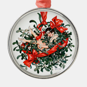 Vintage 1920s Flapper Beneath the Mistletoe Metal Ornament