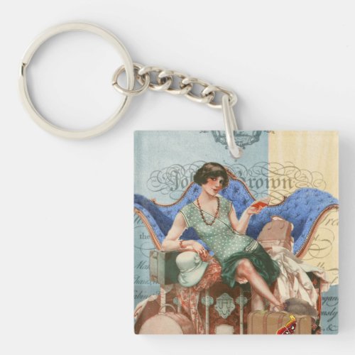 Vintage 1920s Flapper Girl in Paris Art Keychain
