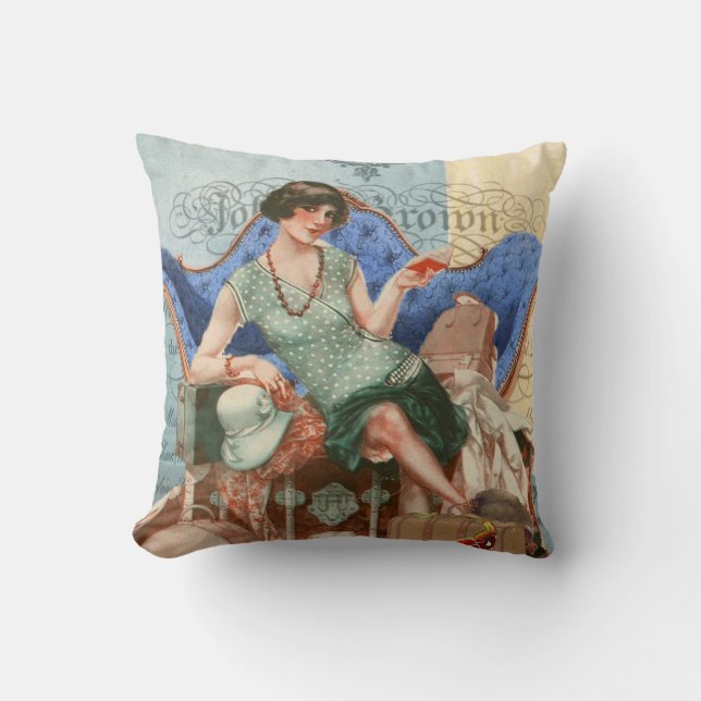 Vintage 1920s Flapper Girl in Paris Art Throw Pillow (Front)