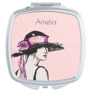 Vintage 1920's Flapper Girl with Hat Monogram Compact Mirror