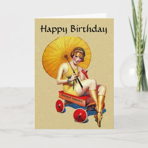 Vintage 1920s Flapper Lady Umbrella Wagon Birthday Card