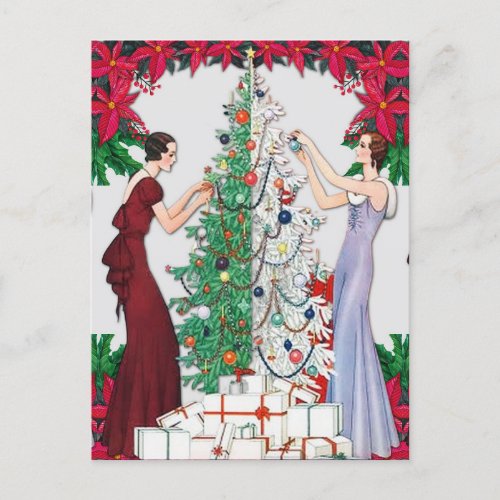Vintage 1920s Flapper Women Decorating Xmas Tree Holiday Postcard