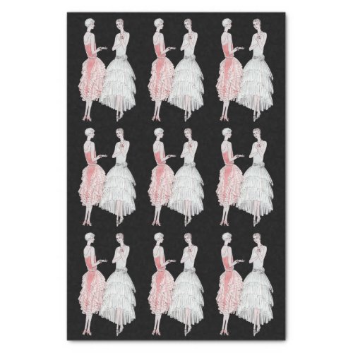 Vintage 1920s Flappers in Pink and White on Black Tissue Paper