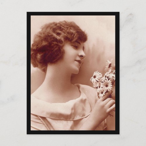 Vintage 1920s Girl with Flowers Photo Postcard