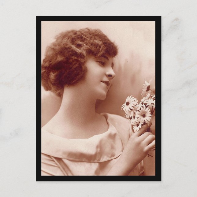 Vintage 1920s Girl with Flowers Photo Postcard (Front)