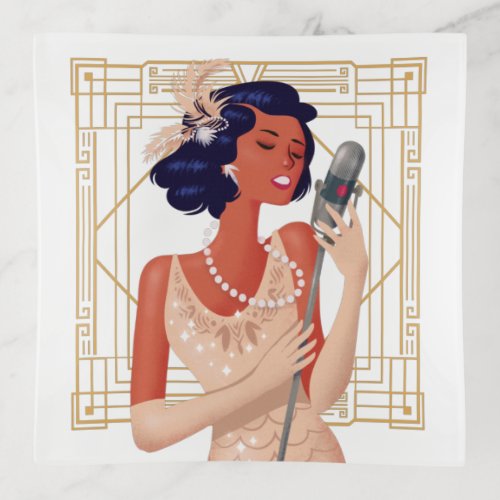 Vintage 1920s Glam Lady Singer Art Deco Gold white Trinket Tray