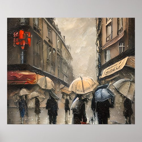 Vintage 1920s Heavy Rain Paris Street  Poster