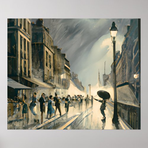 Vintage 1920s Heavy Storm Rain Paris Oil Painting Poster